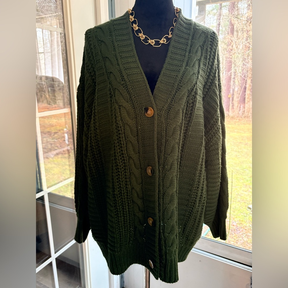 SHEIN Dark Green Cable Knit Button Cardigan